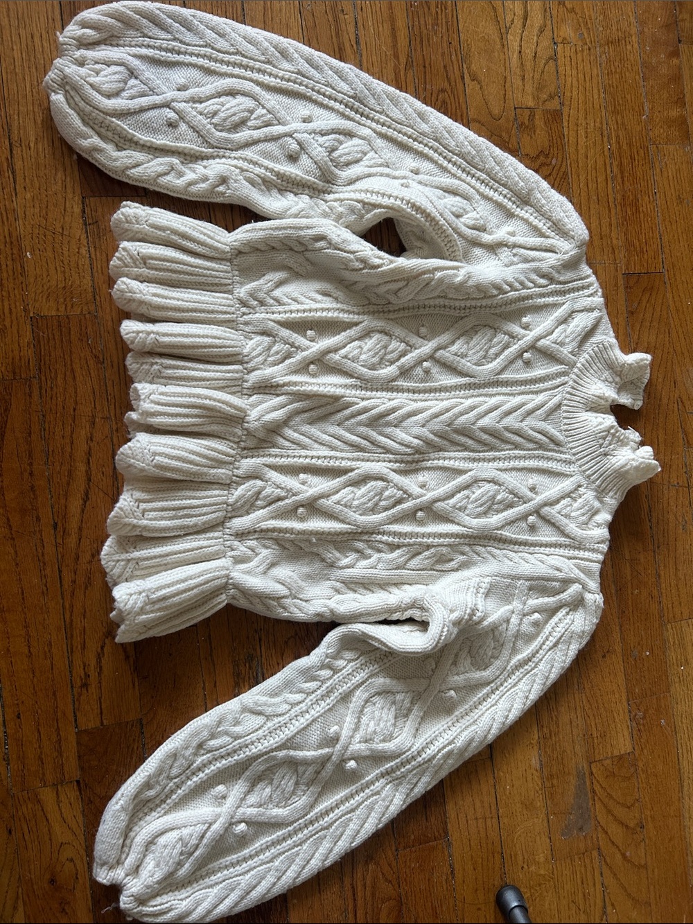 Zara Cream Cable-Knit Ruffle-Hem Turtleneck Sweater
